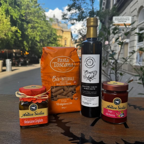 Szicíliai Pasta alla Norma Csomag – Pasta Toscana tészta, Norma szósz, grillezett padlizsán és extra szűz olívaolaj